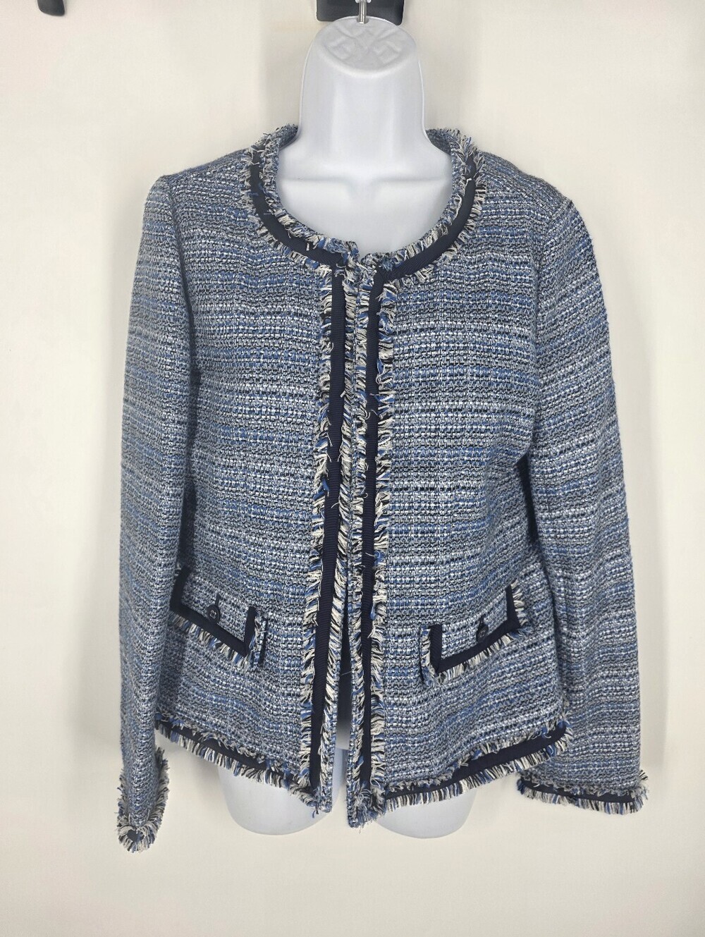 Charter Club Blue Tweed Fringe Trim Open Front Jacket M Medium Knit Blazer Faux